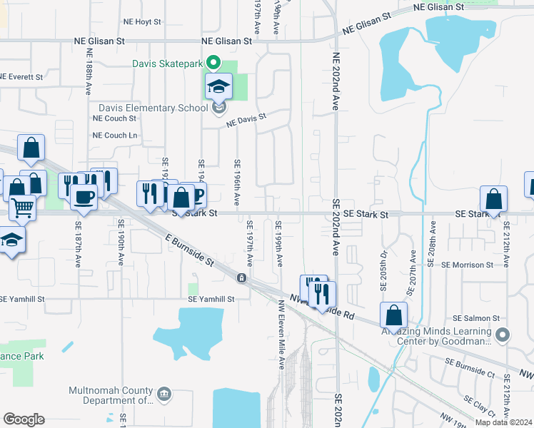 map of restaurants, bars, coffee shops, grocery stores, and more near 19700 Southeast Stark Street in Portland