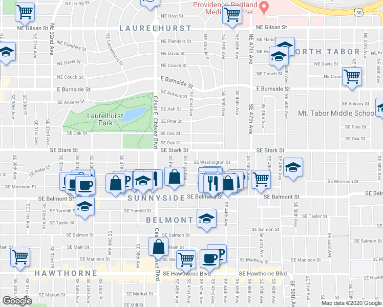 map of restaurants, bars, coffee shops, grocery stores, and more near 512 Southeast 41st Avenue in Portland