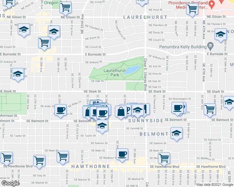 map of restaurants, bars, coffee shops, grocery stores, and more near 3630 Southeast Stark Street in Portland