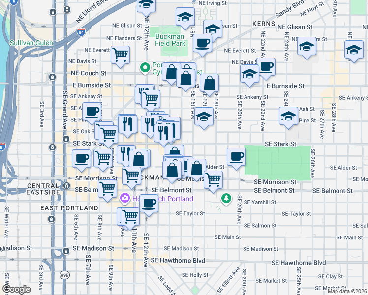 map of restaurants, bars, coffee shops, grocery stores, and more near 1436 Southeast Stark Street in Portland