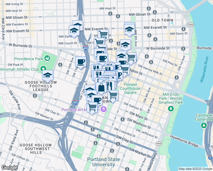 map of restaurants, bars, coffee shops, grocery stores, and more near in Portland
