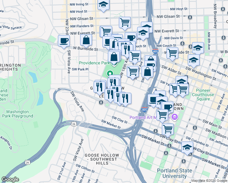 map of restaurants, bars, coffee shops, grocery stores, and more near 1132 Southwest 19th Avenue in Portland
