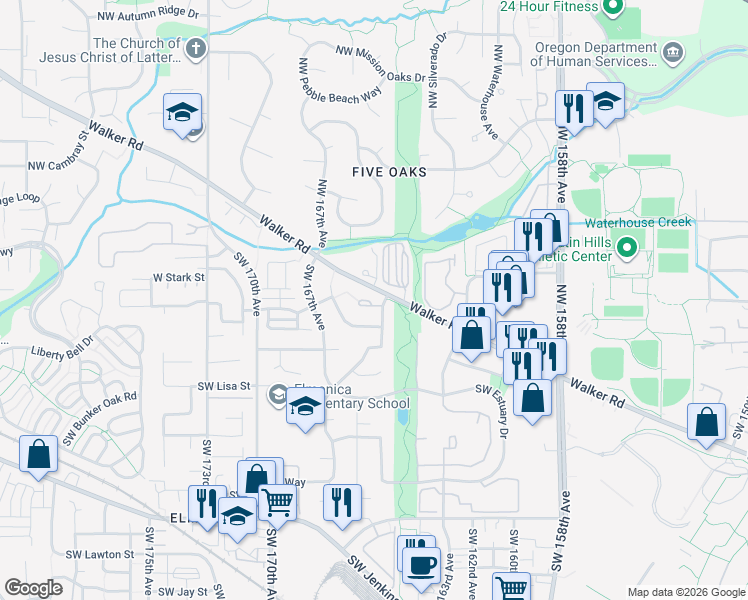 map of restaurants, bars, coffee shops, grocery stores, and more near 140 Southwest Delta Court in Beaverton