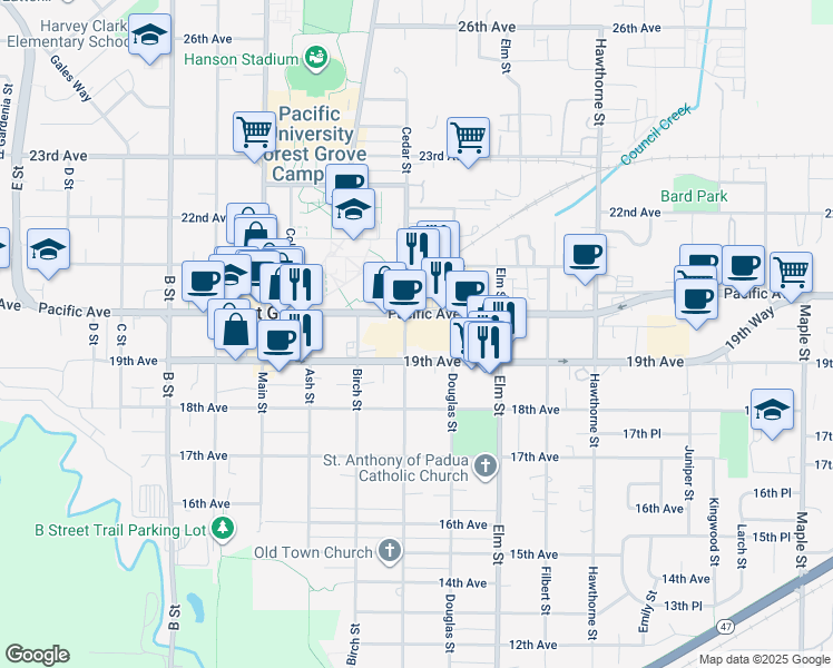 map of restaurants, bars, coffee shops, grocery stores, and more near in Forest Grove