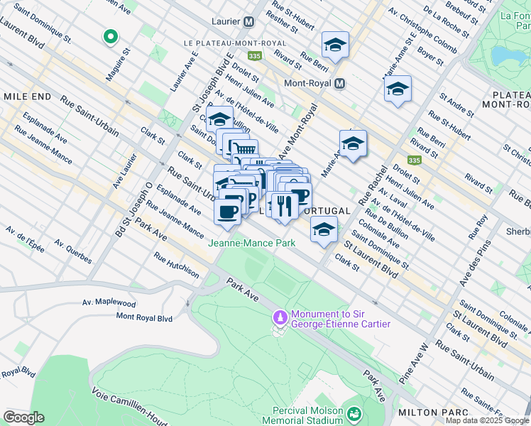 map of restaurants, bars, coffee shops, grocery stores, and more near 4478 Rue Clark in Montréal