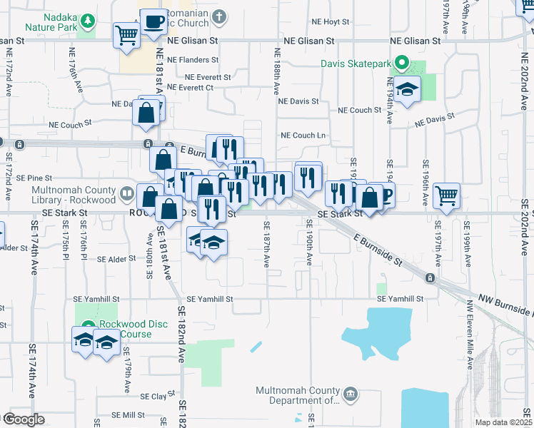 map of restaurants, bars, coffee shops, grocery stores, and more near SE Stark St & SE 187th Ave in Gresham