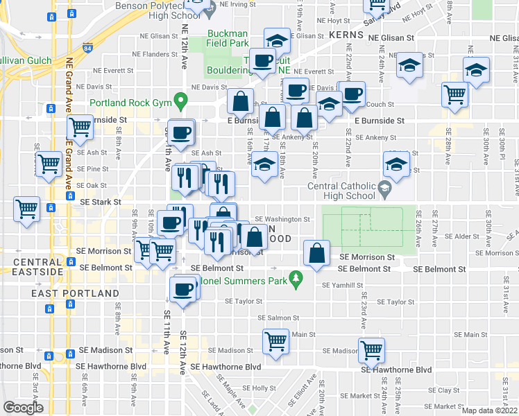 map of restaurants, bars, coffee shops, grocery stores, and more near 1624 Southeast Stark Street in Portland