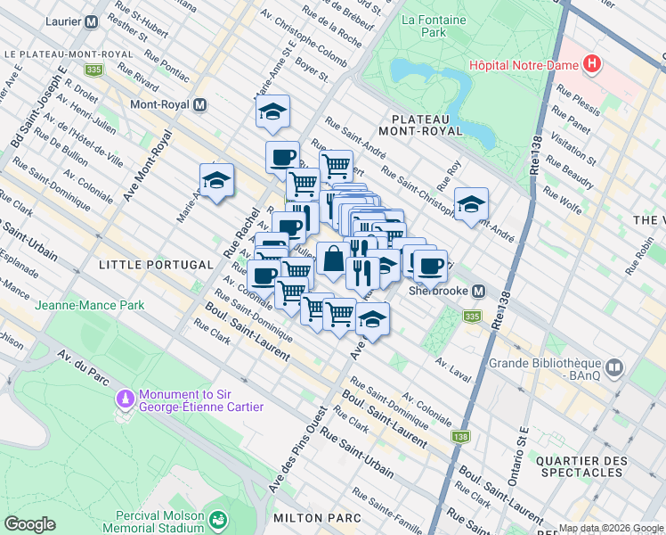 map of restaurants, bars, coffee shops, grocery stores, and more near 3899 Avenue Henri-Julien in Montréal