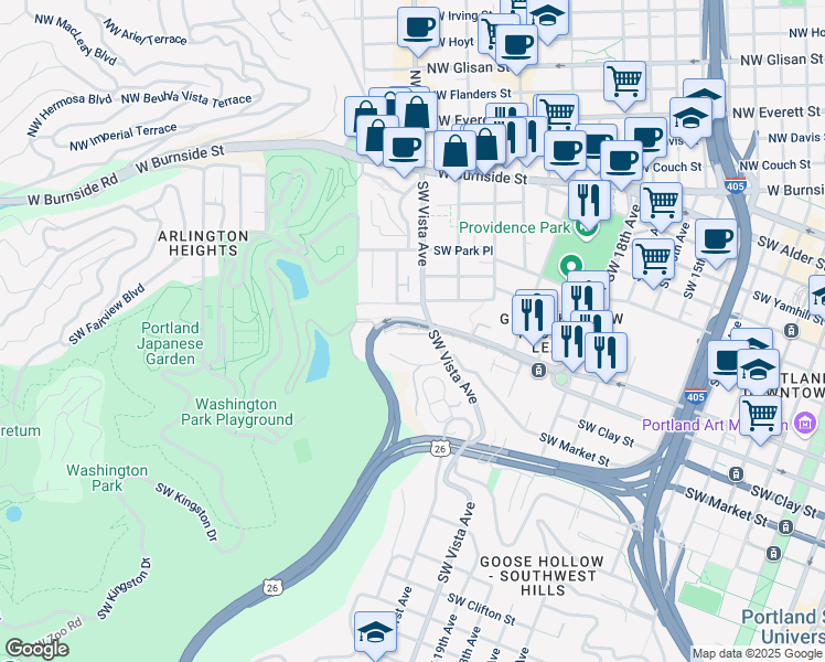 map of restaurants, bars, coffee shops, grocery stores, and more near 2329 Southwest Jefferson Street in Portland