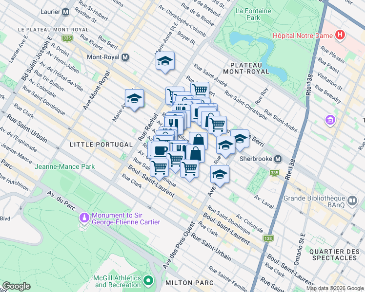 map of restaurants, bars, coffee shops, grocery stores, and more near in Montreal