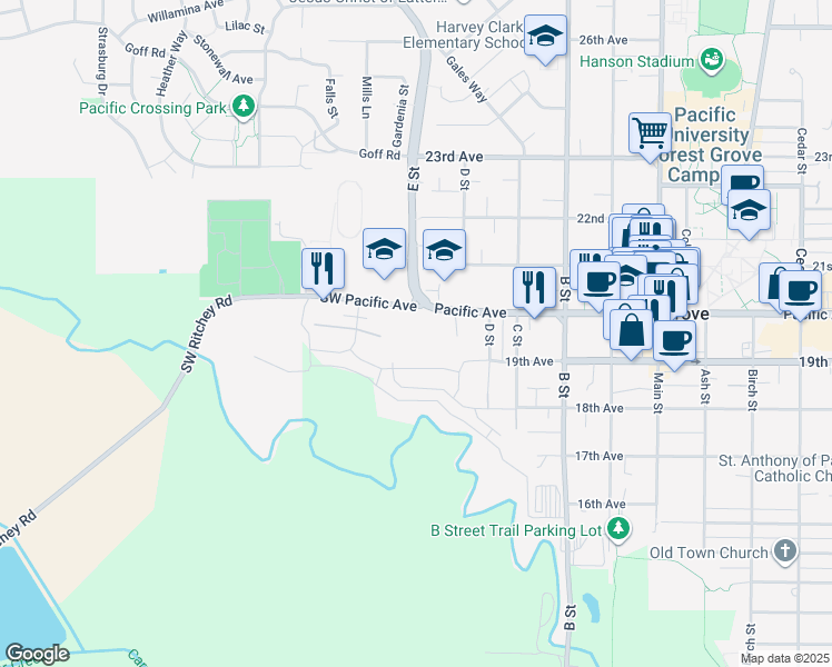 map of restaurants, bars, coffee shops, grocery stores, and more near 1520 Pacific Avenue in Forest Grove