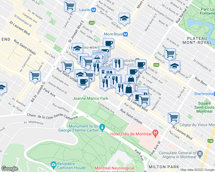 map of restaurants, bars, coffee shops, grocery stores, and more near in Montreal