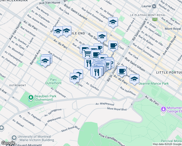 map of restaurants, bars, coffee shops, grocery stores, and more near 5170 Rue Hutchison in Montreal