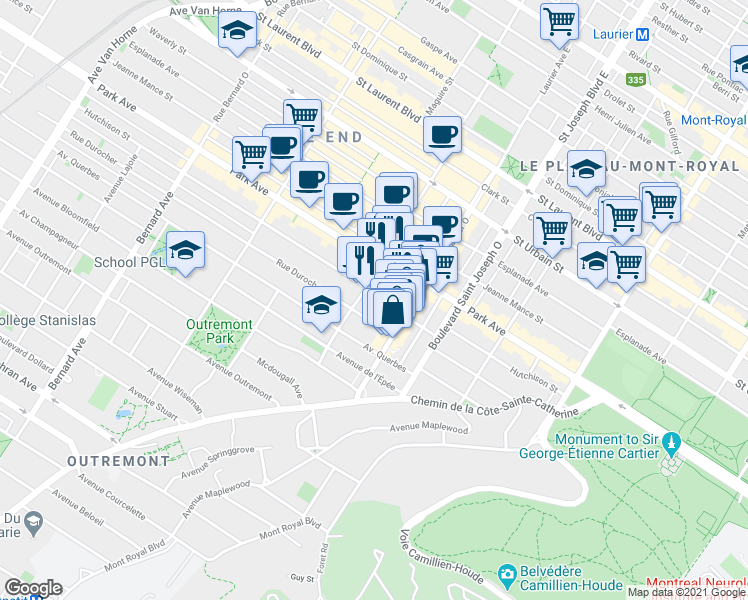 map of restaurants, bars, coffee shops, grocery stores, and more near 5170 Rue Hutchison in Montreal