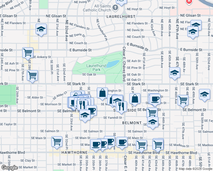 map of restaurants, bars, coffee shops, grocery stores, and more near 3710 Southeast Stark Street in Portland