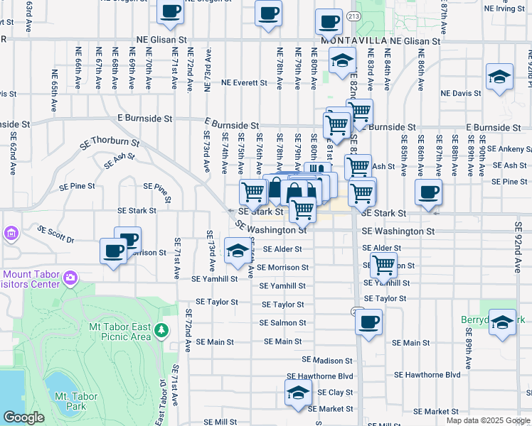 map of restaurants, bars, coffee shops, grocery stores, and more near 7700 Southeast Stark Street in Portland