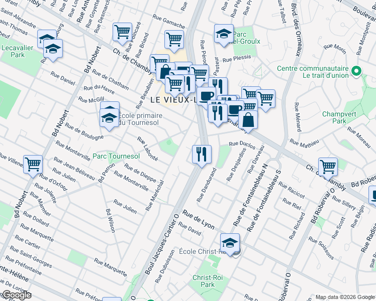 map of restaurants, bars, coffee shops, grocery stores, and more near 355 Rue Denonville in Longueuil