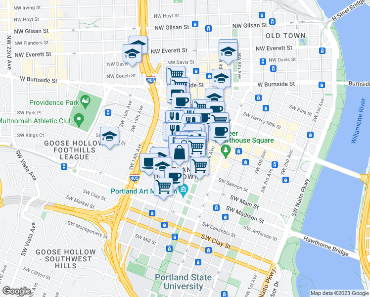 map of restaurants, bars, coffee shops, grocery stores, and more near 801 Southwest 10th Avenue in Portland