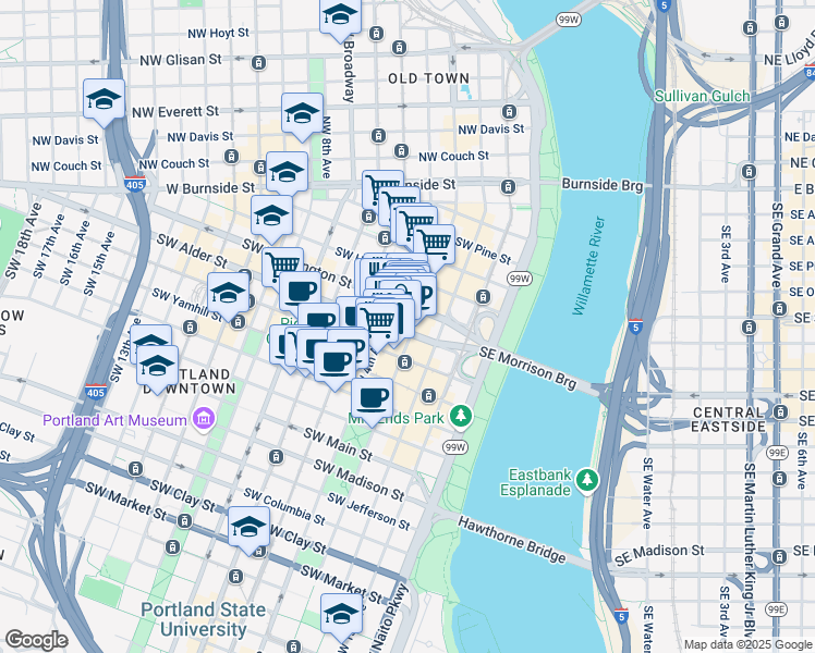 map of restaurants, bars, coffee shops, grocery stores, and more near 320 Southwest Alder Street in Portland