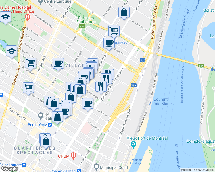 map of restaurants, bars, coffee shops, grocery stores, and more near 1365 Boulevard René-Lévesque Est in Montréal