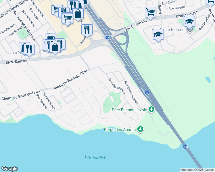 map of restaurants, bars, coffee shops, grocery stores, and more near 423 Rue des Roseaux in Laval