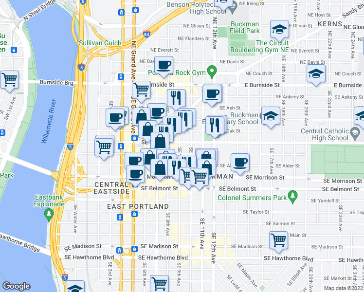 map of restaurants, bars, coffee shops, grocery stores, and more near 910 Southeast Stark Street in Portland