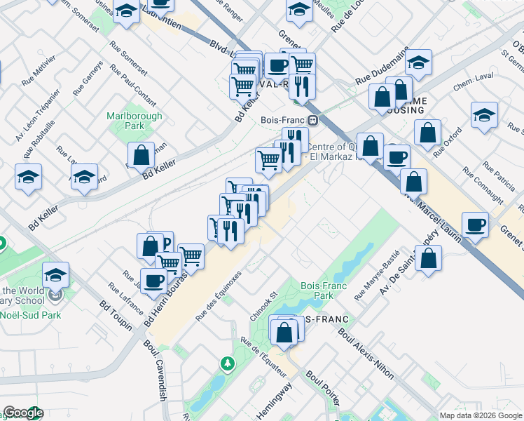 map of restaurants, bars, coffee shops, grocery stores, and more near 5388 Henri Bourassa Boulevard West in Montreal