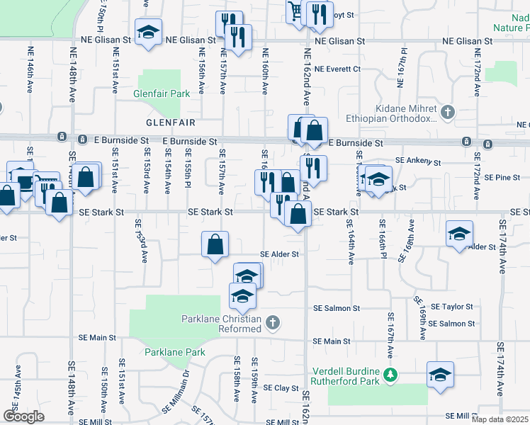map of restaurants, bars, coffee shops, grocery stores, and more near 16000 Southeast Stark Street in Portland