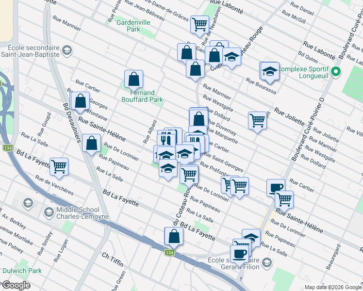 map of restaurants, bars, coffee shops, grocery stores, and more near 1268 Rue Saint-Georges in Longueuil