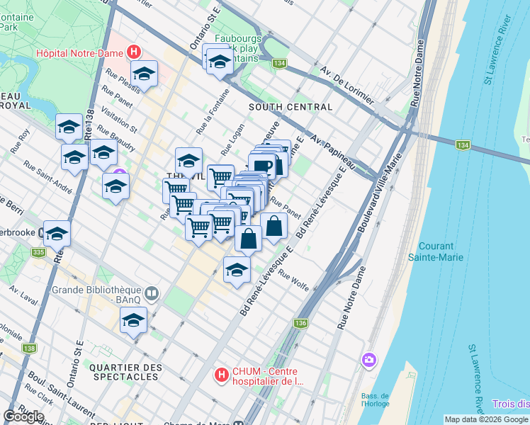 map of restaurants, bars, coffee shops, grocery stores, and more near 1303 Rue de la Visitation in Montréal