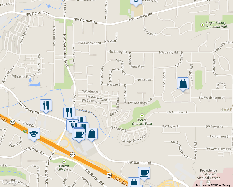 map of restaurants, bars, coffee shops, grocery stores, and more near 85 Southwest 105th Terrace in Portland