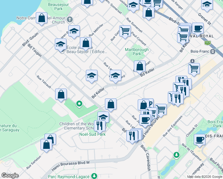 map of restaurants, bars, coffee shops, grocery stores, and more near 2554 Place Keller in Montréal