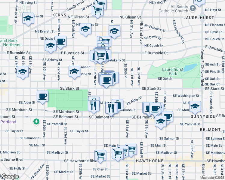 map of restaurants, bars, coffee shops, grocery stores, and more near 510 Southeast 29th Avenue in Portland