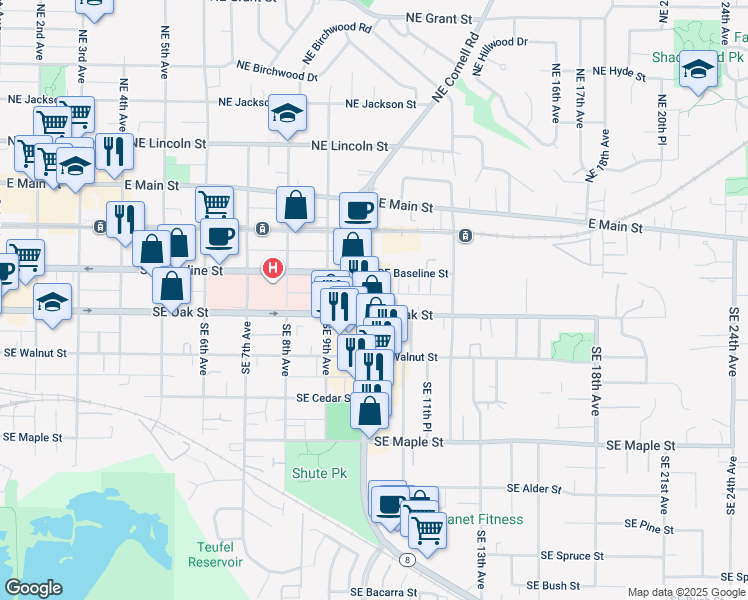 map of restaurants, bars, coffee shops, grocery stores, and more near 1031 Southeast Oak Street in Hillsboro