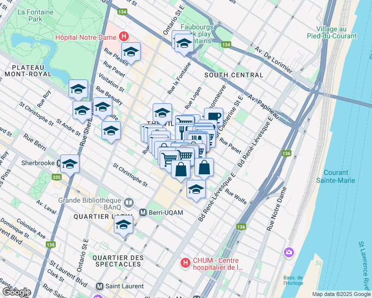 map of restaurants, bars, coffee shops, grocery stores, and more near Boulevard de Maisonneuve in Montréal