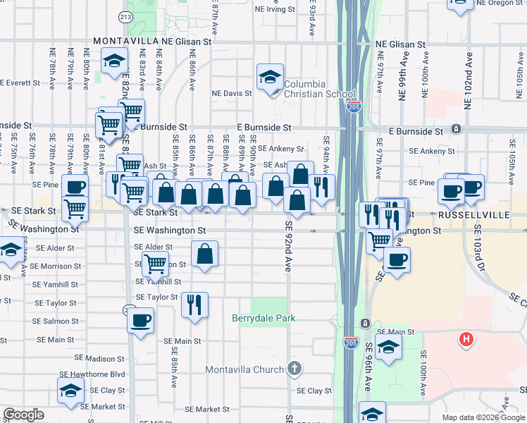 map of restaurants, bars, coffee shops, grocery stores, and more near 9029 Southeast Stark Street in Portland