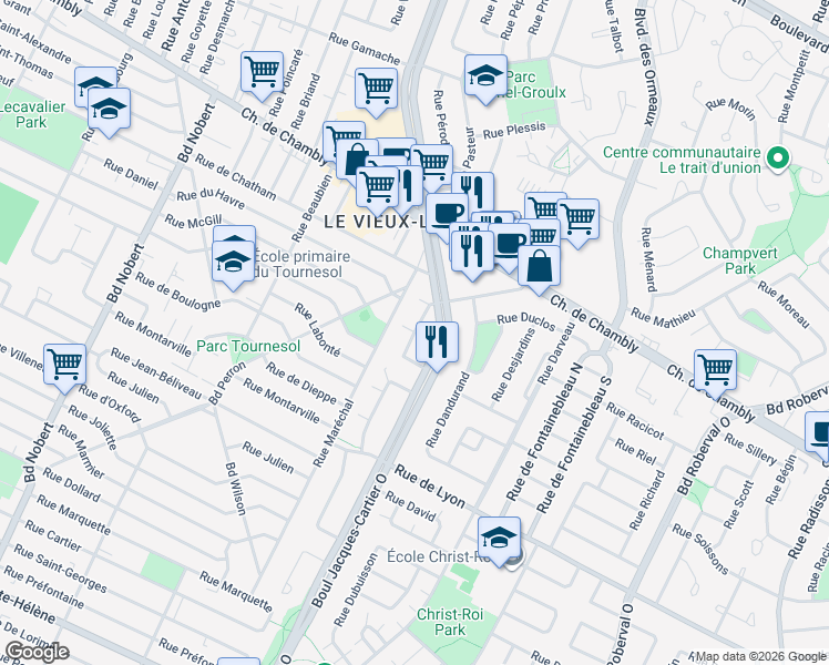 map of restaurants, bars, coffee shops, grocery stores, and more near Rue Denonville in Longueuil