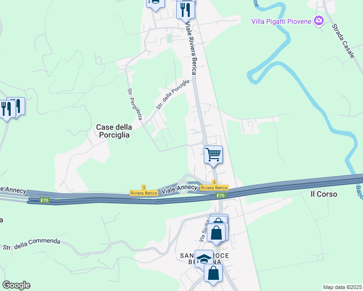map of restaurants, bars, coffee shops, grocery stores, and more near Strada della Porciglia in Vicenza