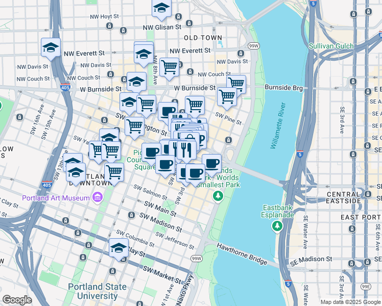 map of restaurants, bars, coffee shops, grocery stores, and more near 317 Southwest Alder Street in Portland