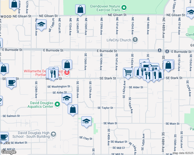 map of restaurants, bars, coffee shops, grocery stores, and more near 13817 Southeast Stark Street in Portland