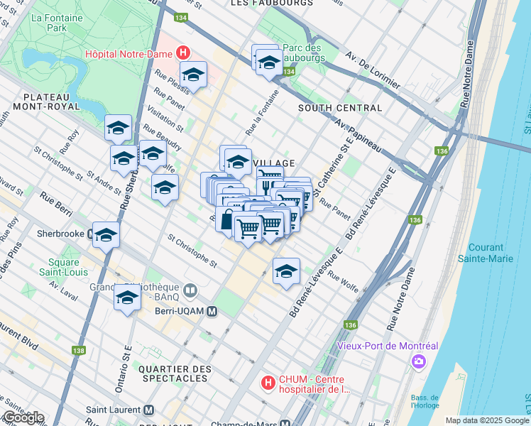 map of restaurants, bars, coffee shops, grocery stores, and more near 1205 Boulevard de Maisonneuve Est in Montréal