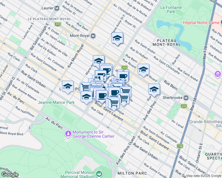 map of restaurants, bars, coffee shops, grocery stores, and more near 4146 Avenue de Hôtel-de-Ville in Montréal