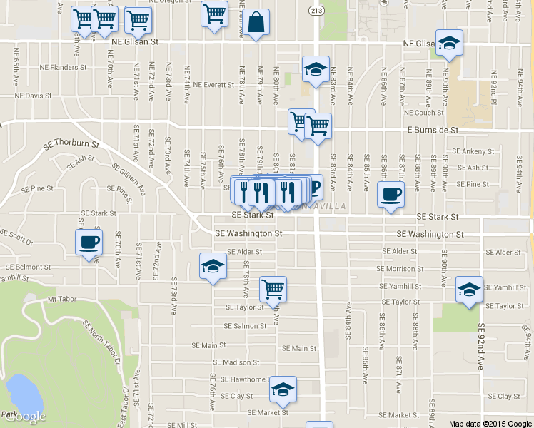 map of restaurants, bars, coffee shops, grocery stores, and more near 7912 Southeast Washington Street in Portland
