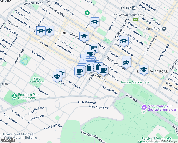 map of restaurants, bars, coffee shops, grocery stores, and more near 5029 Avenue du Parc in Montréal