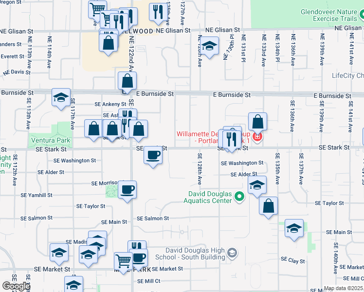 map of restaurants, bars, coffee shops, grocery stores, and more near 12650 Southeast Stark Street in Portland