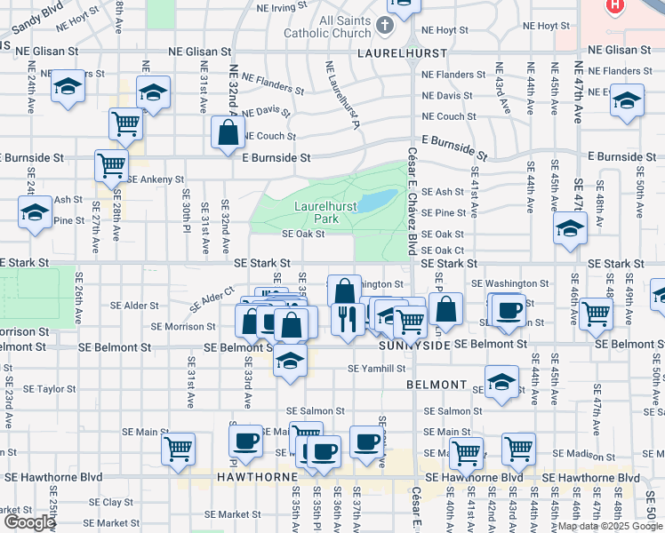 map of restaurants, bars, coffee shops, grocery stores, and more near 3630 Southeast Stark Street in Portland