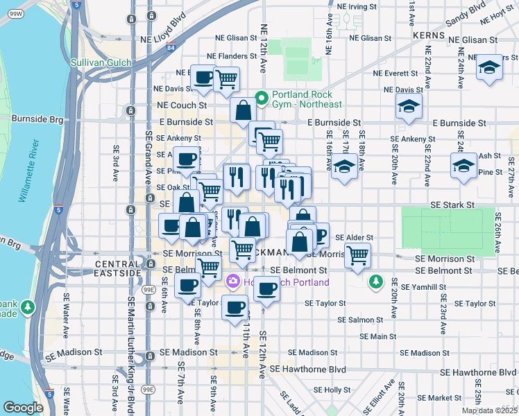 map of restaurants, bars, coffee shops, grocery stores, and more near 1313 East Burnside Street in Portland
