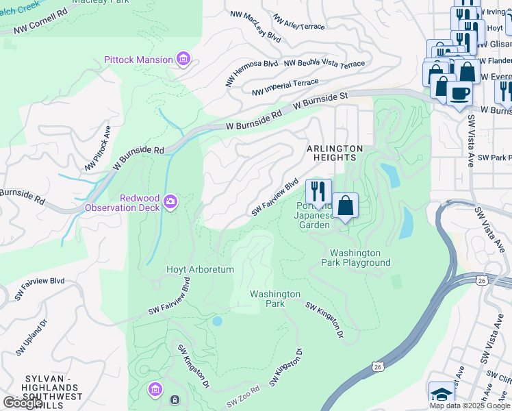 map of restaurants, bars, coffee shops, grocery stores, and more near 2825 Southwest Fairview Boulevard in Portland