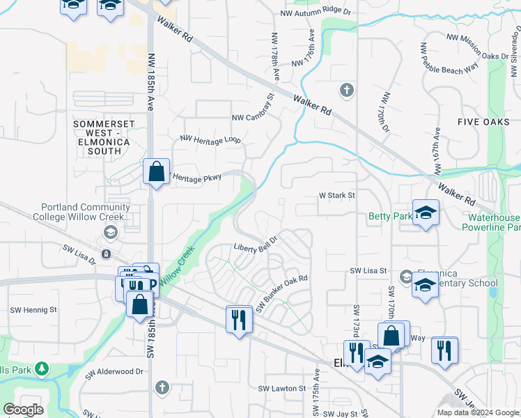 map of restaurants, bars, coffee shops, grocery stores, and more near 17780 Southwest Independence Way in Beaverton
