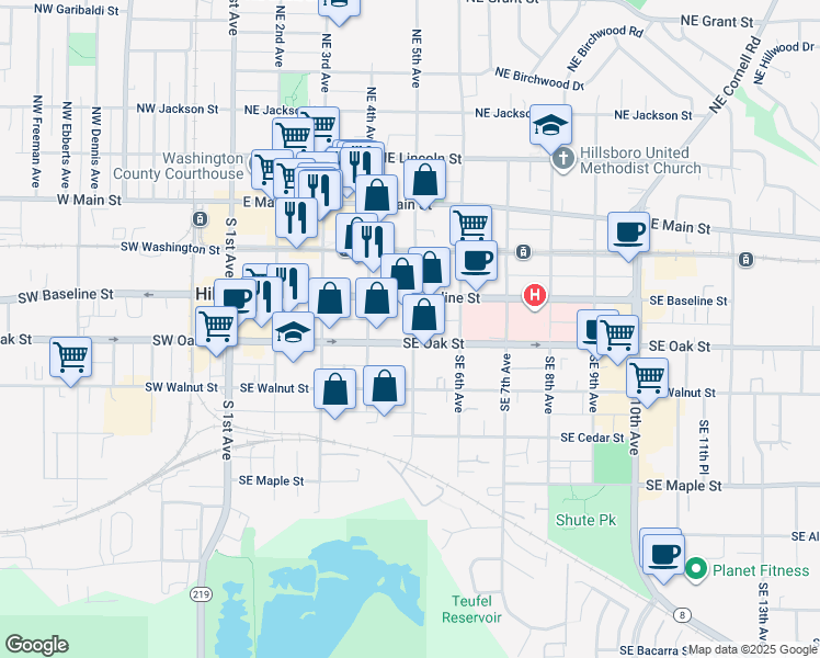 map of restaurants, bars, coffee shops, grocery stores, and more near 433 Southeast Oak Street in Hillsboro